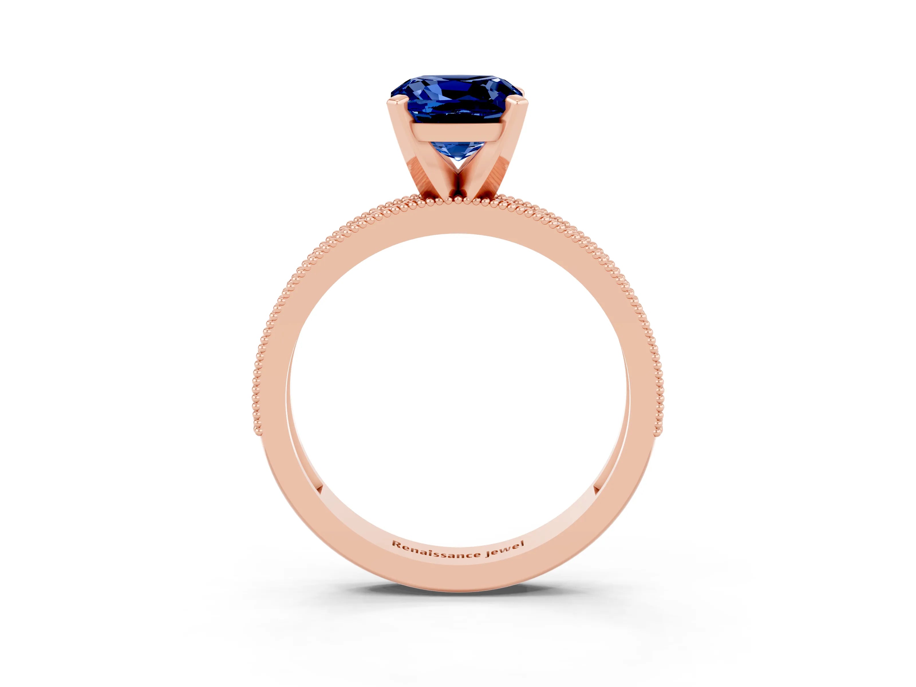Rose gold Cushion Cut Blue Sapphire Milgrain Pavé Engagement Ring with Four-Prong Setting_15