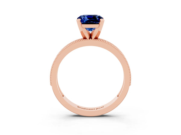 Rose gold Cushion Cut Blue Sapphire Milgrain Pavé Engagement Ring with Four-Prong Setting