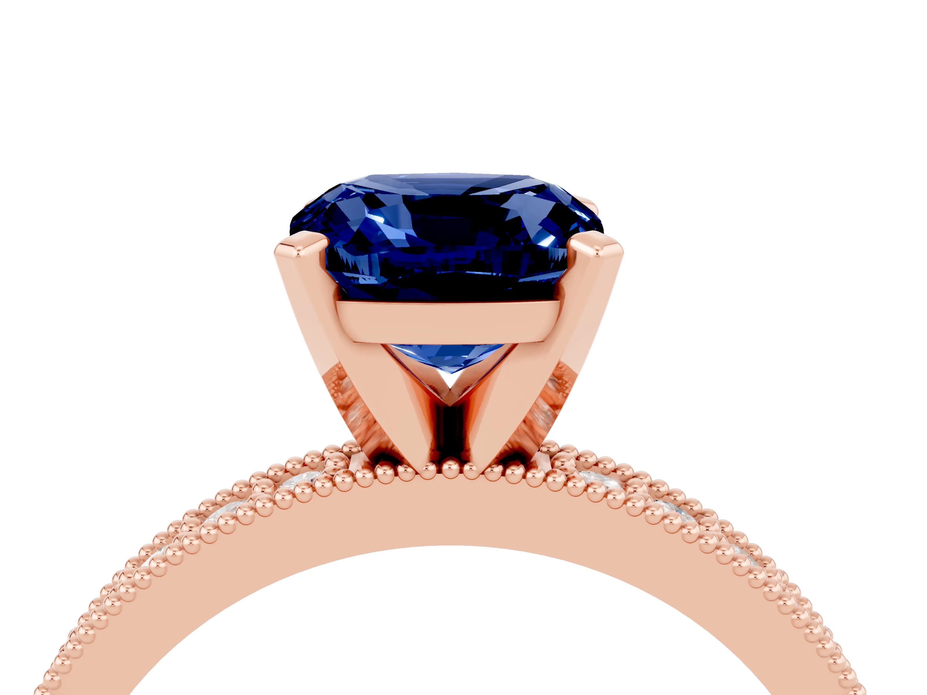 Rose gold Cushion Cut Blue Sapphire Milgrain Pavé Engagement Ring with Four-Prong Setting_16