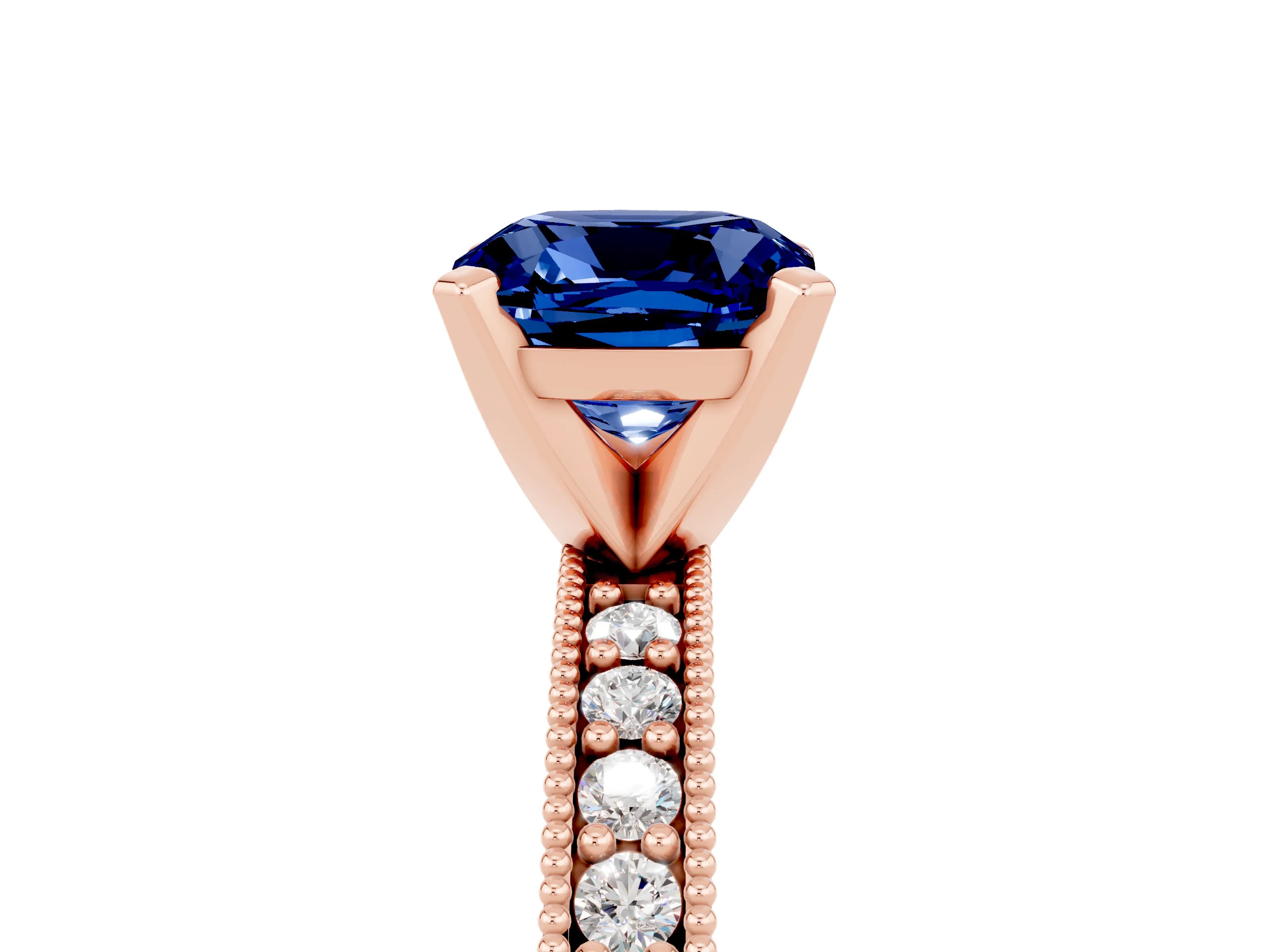 Rose gold Cushion Cut Blue Sapphire Milgrain Pavé Engagement Ring with Four-Prong Setting_17