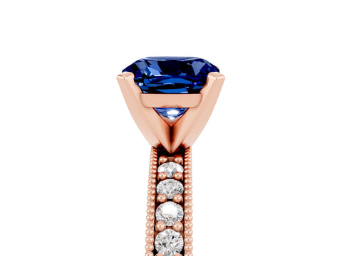 Rose gold Cushion Cut Blue Sapphire Milgrain Pavé Engagement Ring with Four-Prong Setting_17