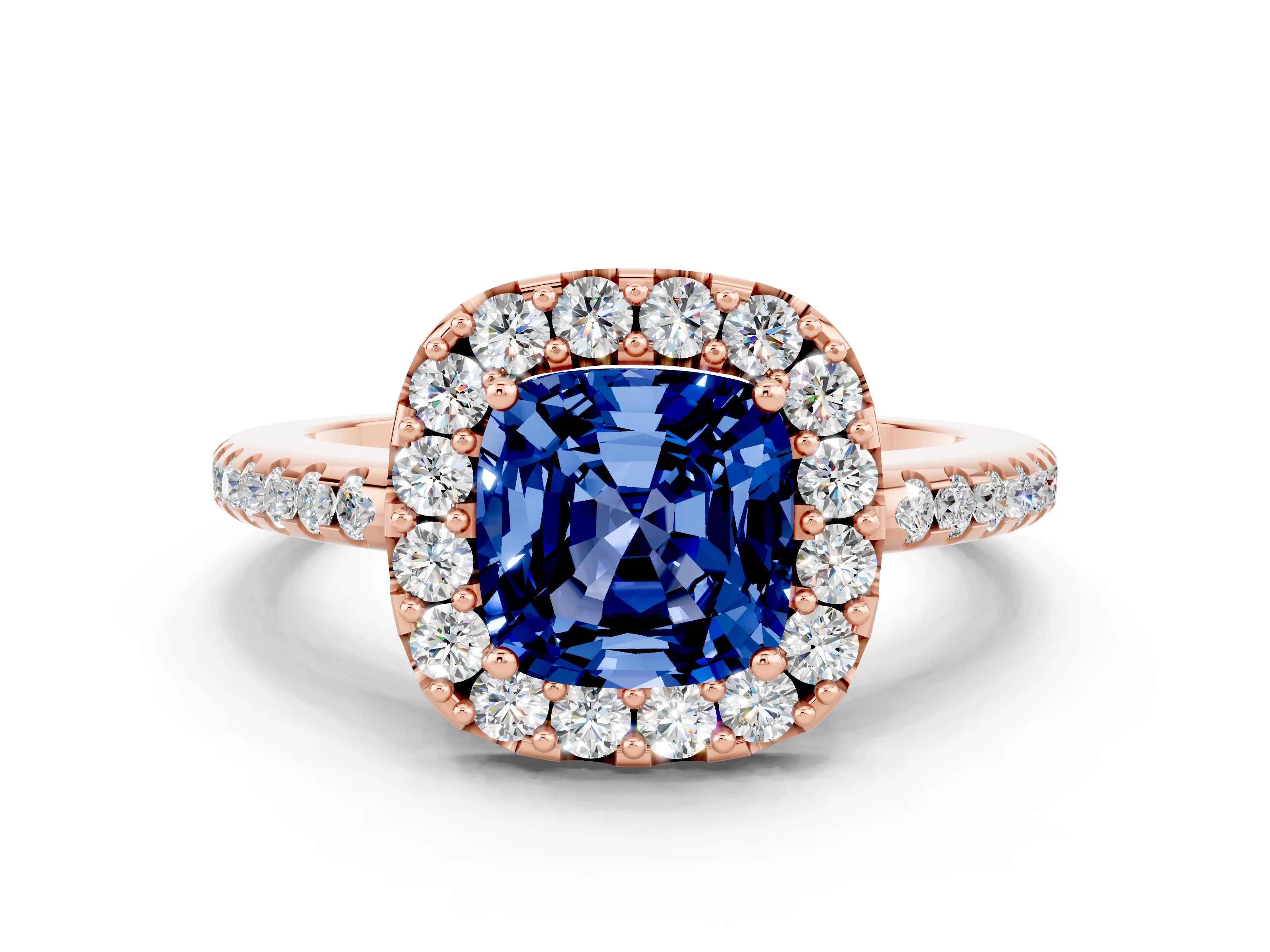 Rose gold Cushion Cut Blue Sapphire Pavé Halo Ring with Four-Prong Setting_12
