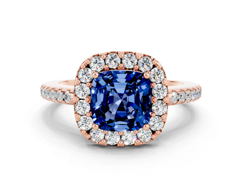 Rose gold Cushion Cut Blue Sapphire Pavé Halo Ring with Four-Prong Setting_12