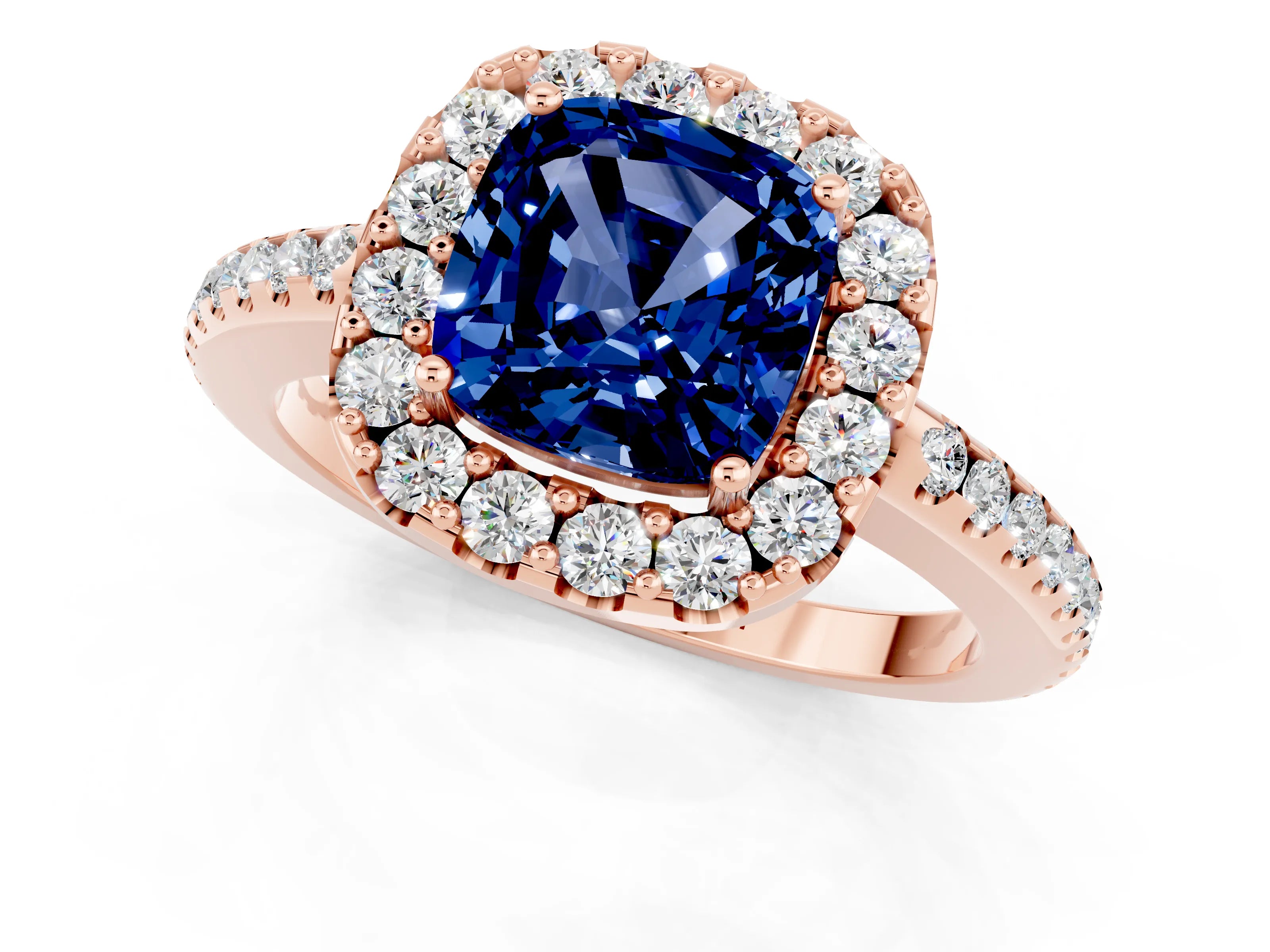 Rose gold Cushion Cut Blue Sapphire Pavé Halo Ring with Four-Prong Setting_13