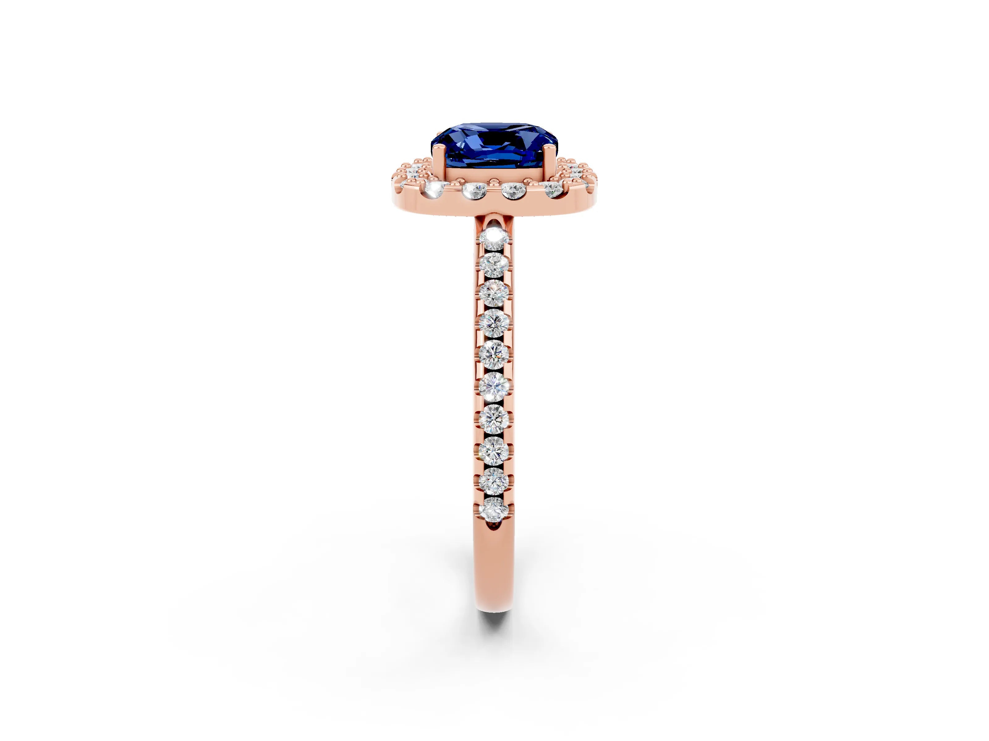 Rose gold Cushion Cut Blue Sapphire Pavé Halo Ring with Four-Prong Setting_14