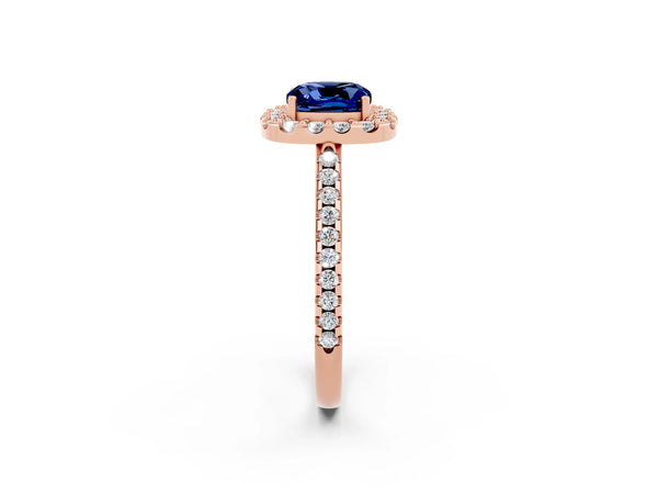 Rose gold Cushion Cut Blue Sapphire Pavé Halo Ring with Four-Prong Setting