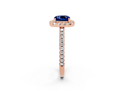 Rose gold Cushion Cut Blue Sapphire Pavé Halo Ring with Four-Prong Setting_14