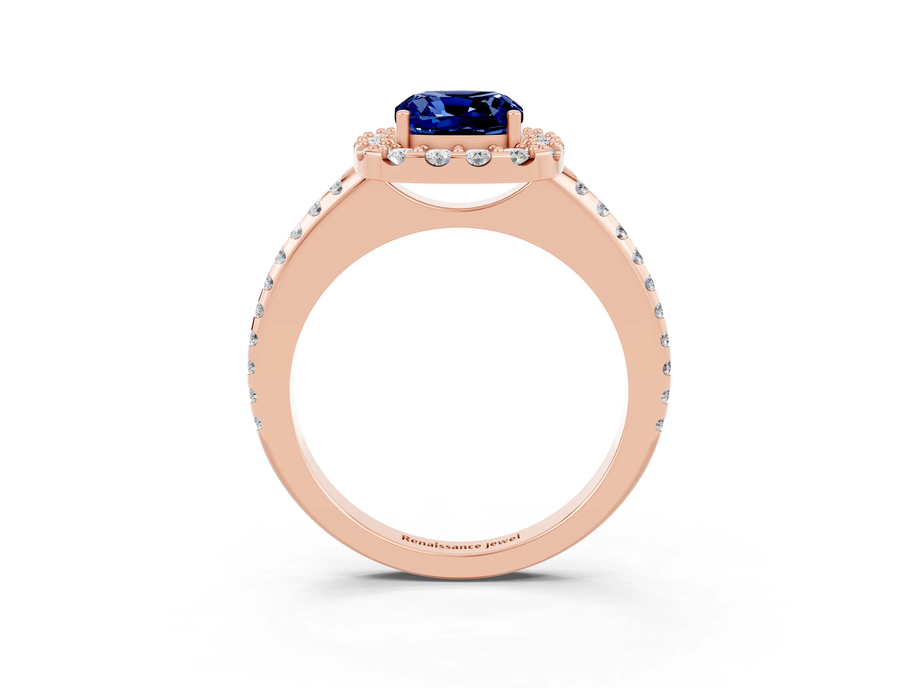 Rose gold Cushion Cut Blue Sapphire Pavé Halo Ring with Four-Prong Setting_15