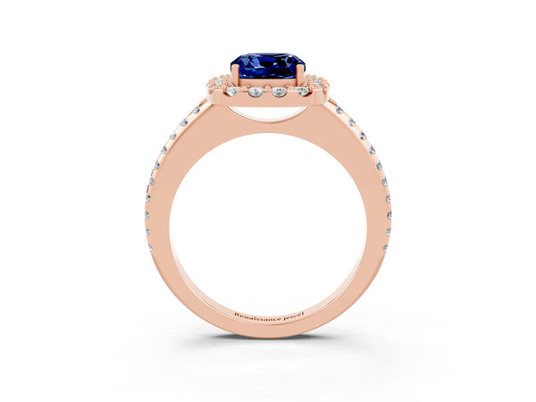 Rose gold Cushion Cut Blue Sapphire Pavé Halo Ring with Four-Prong Setting