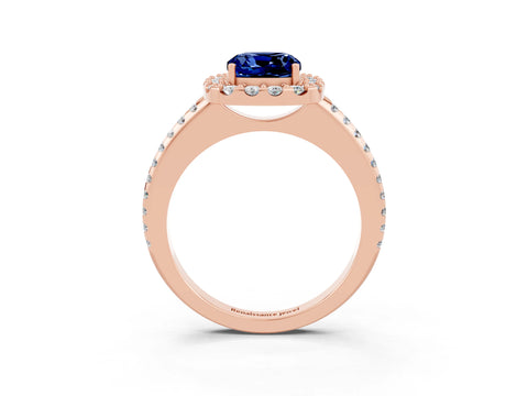 Rose gold Cushion Cut Blue Sapphire Pavé Halo Ring with Four-Prong Setting_15