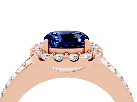 Rose gold Cushion Cut Blue Sapphire Pavé Halo Ring with Four-Prong Setting_16