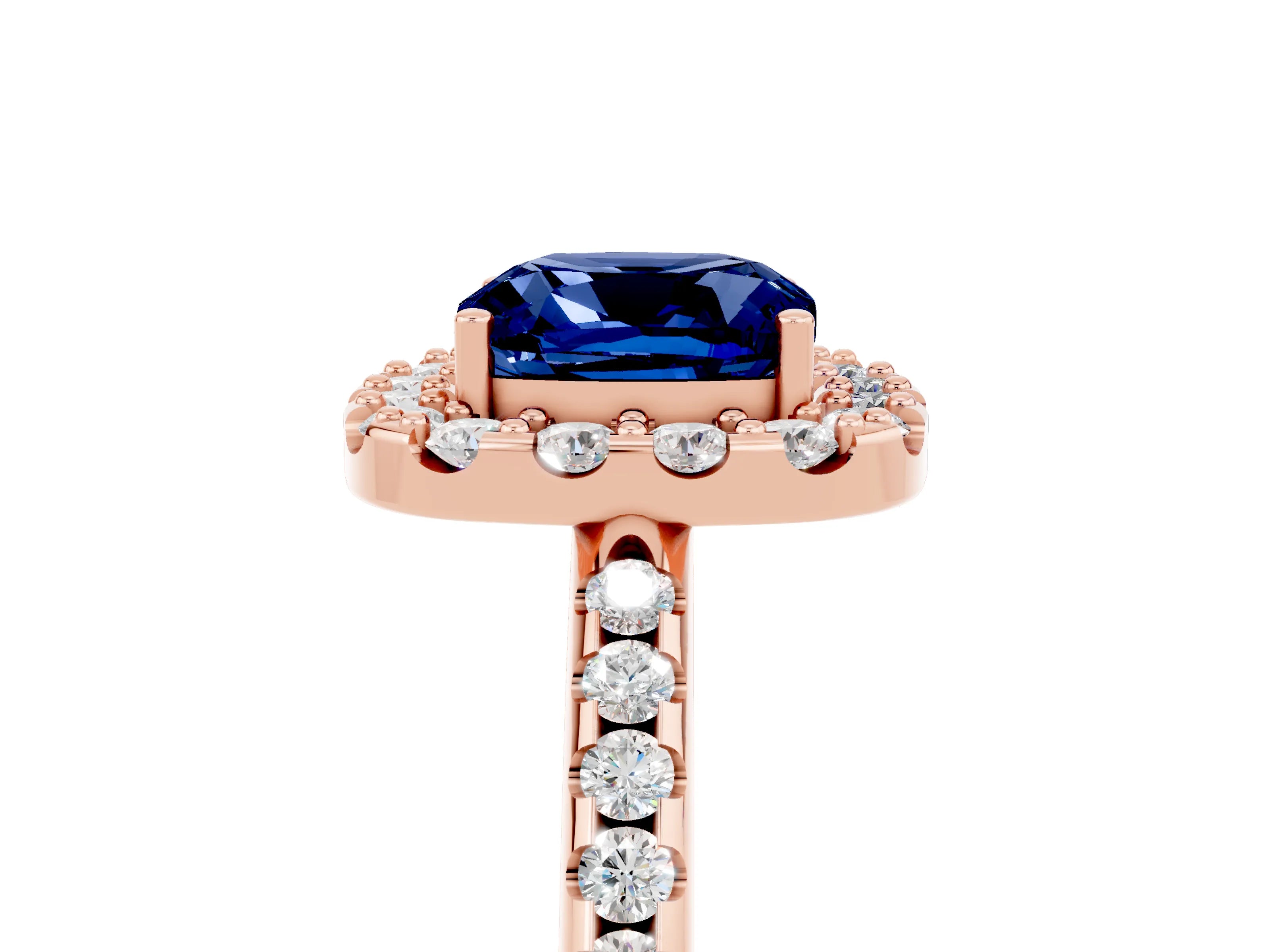 Rose gold Cushion Cut Blue Sapphire Pavé Halo Ring with Four-Prong Setting_17