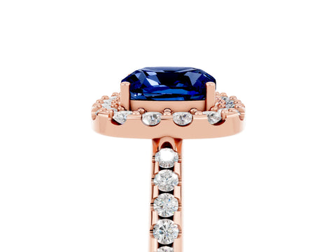 Rose gold Cushion Cut Blue Sapphire Pavé Halo Ring with Four-Prong Setting_17