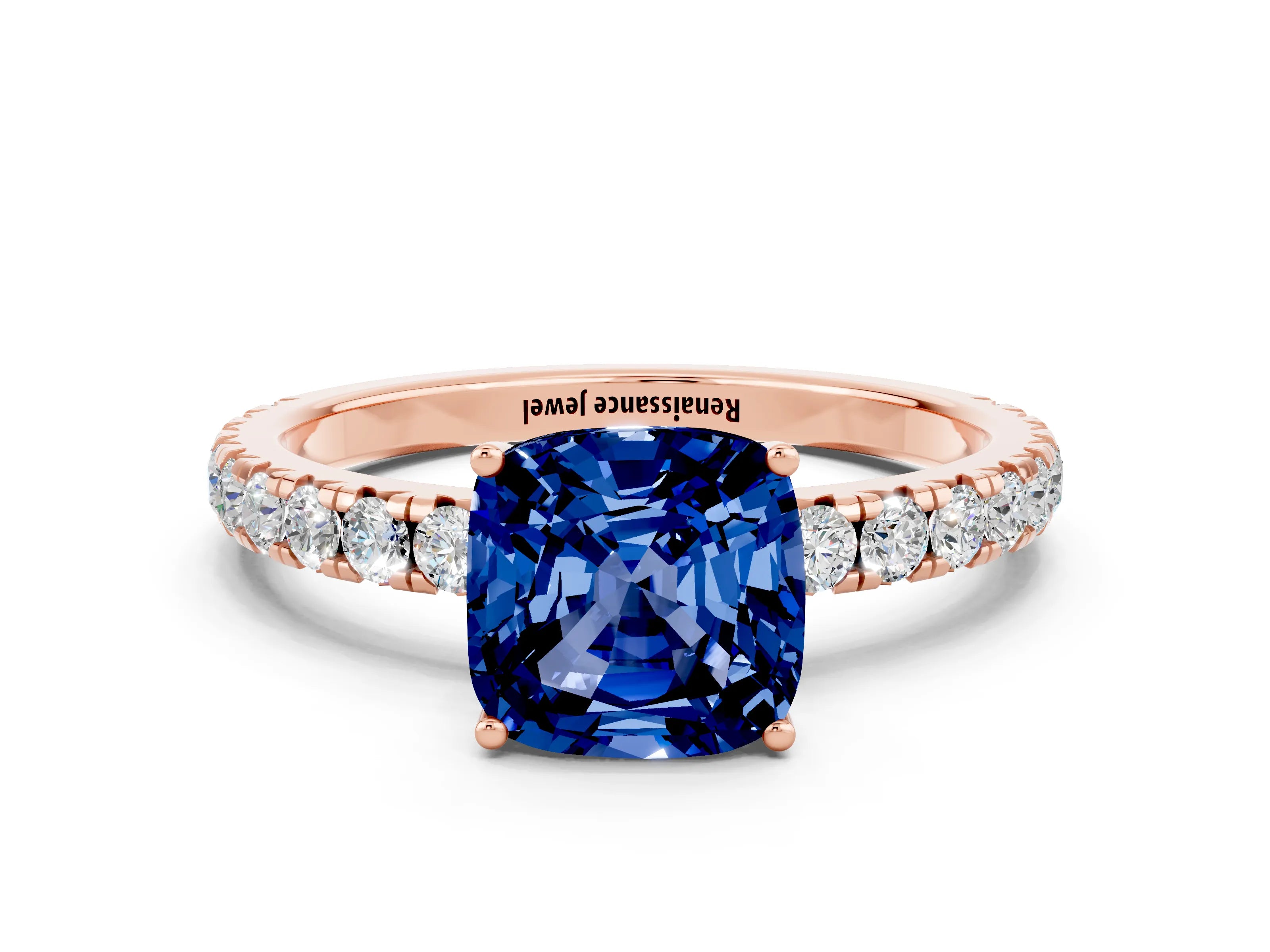 Rose gold Cushion Cut Blue Sapphire Pavé Solitaire Engagement Ring with Four-Prong Setting_12