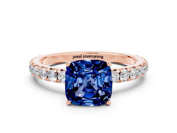 Rose gold Cushion Cut Blue Sapphire Pavé Solitaire Engagement Ring with Four-Prong Setting