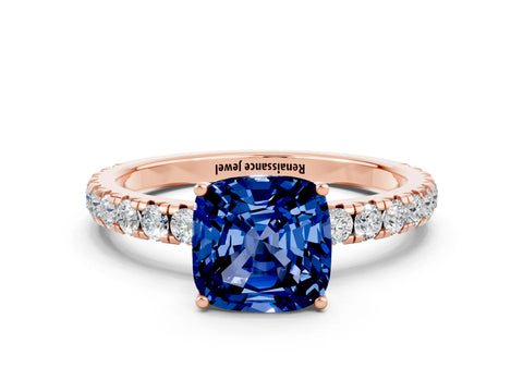 Rose gold Cushion Cut Blue Sapphire Pavé Solitaire Engagement Ring with Four-Prong Setting_12