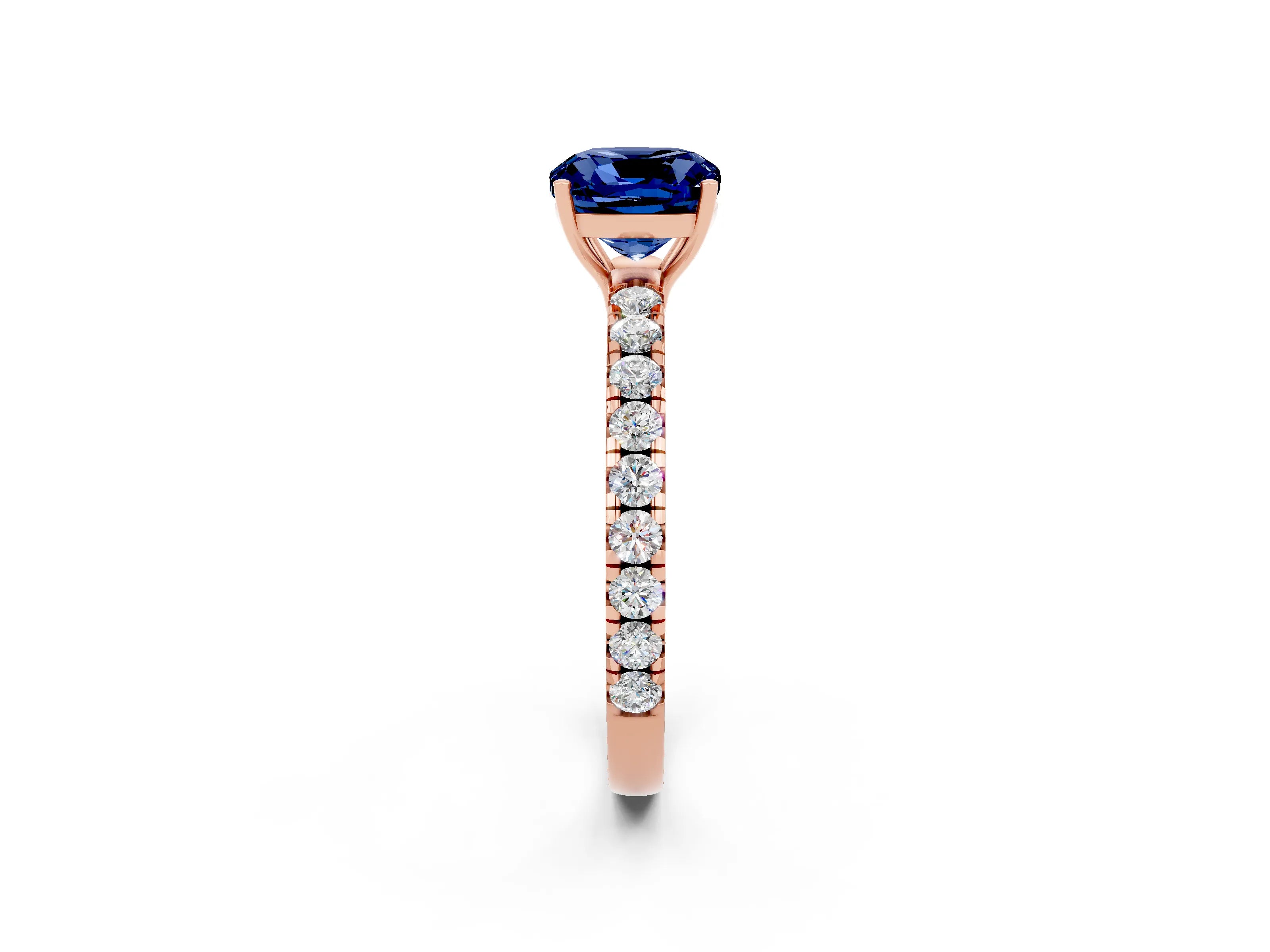 Rose gold Cushion Cut Blue Sapphire Pavé Solitaire Engagement Ring with Four-Prong Setting_14