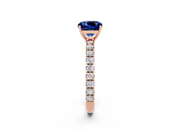 Rose gold Cushion Cut Blue Sapphire Pavé Solitaire Engagement Ring with Four-Prong Setting