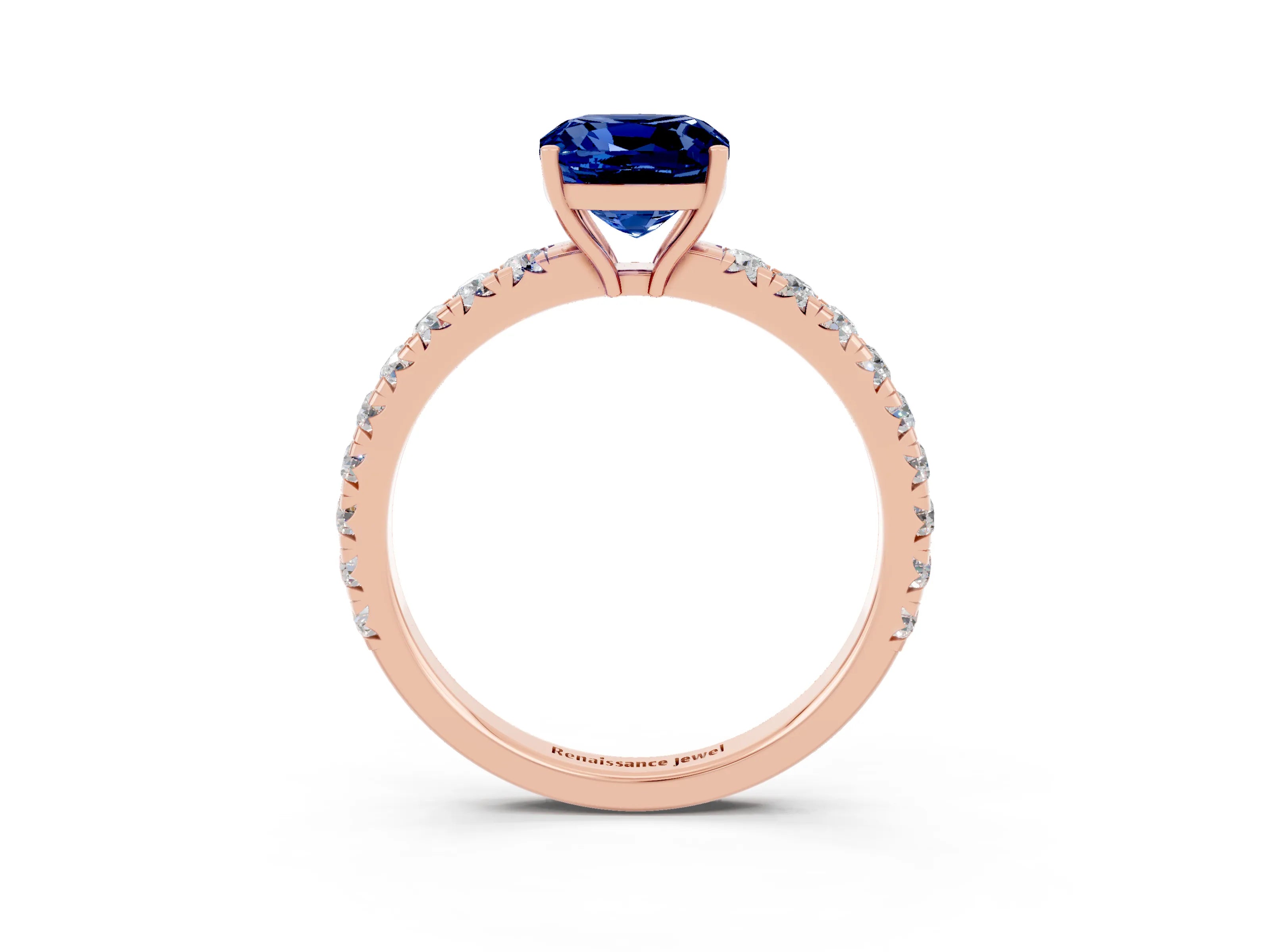 Rose gold Cushion Cut Blue Sapphire Pavé Solitaire Engagement Ring with Four-Prong Setting_15