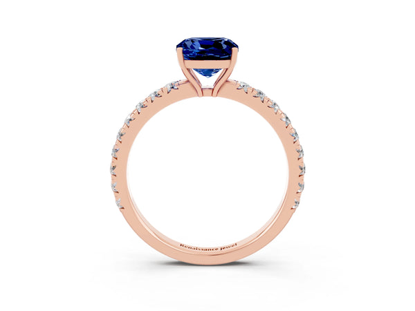 Rose gold Cushion Cut Blue Sapphire Pavé Solitaire Engagement Ring with Four-Prong Setting