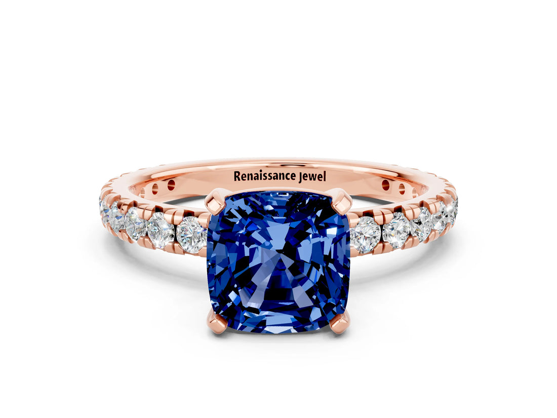 Rose gold Cushion Cut Blue Sapphire Pavé Solitaire Ring with Round Band and Prong Setting_24