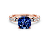 Rose gold Cushion Cut Blue Sapphire Pavé Solitaire Ring with Round Band and Prong Setting_24