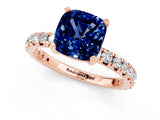 Rose gold Cushion Cut Blue Sapphire Pavé Solitaire Ring with Round Band and Prong Setting_25