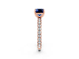 Rose gold Cushion Cut Blue Sapphire Pavé Solitaire Ring with Round Band and Prong Setting_26