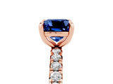 Rose gold Cushion Cut Blue Sapphire Pavé Solitaire Ring with Round Band and Prong Setting_29