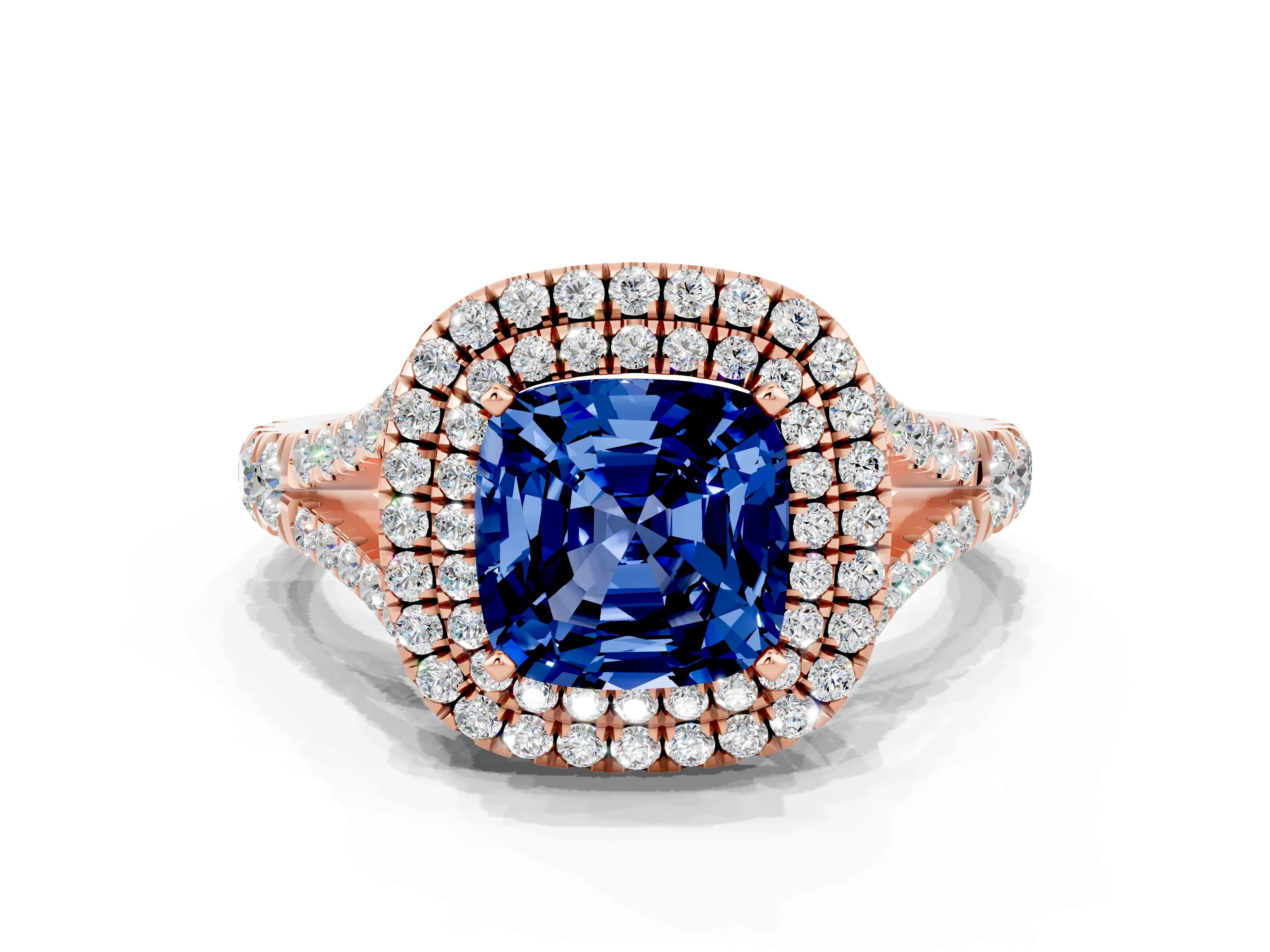 Rose gold Cushion Cut Blue Sapphire Pavé Split Shank Double Halo Engagement Ring