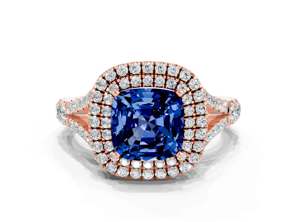 Rose gold Cushion Cut Blue Sapphire Pavé Split Shank Double Halo Engagement Ring