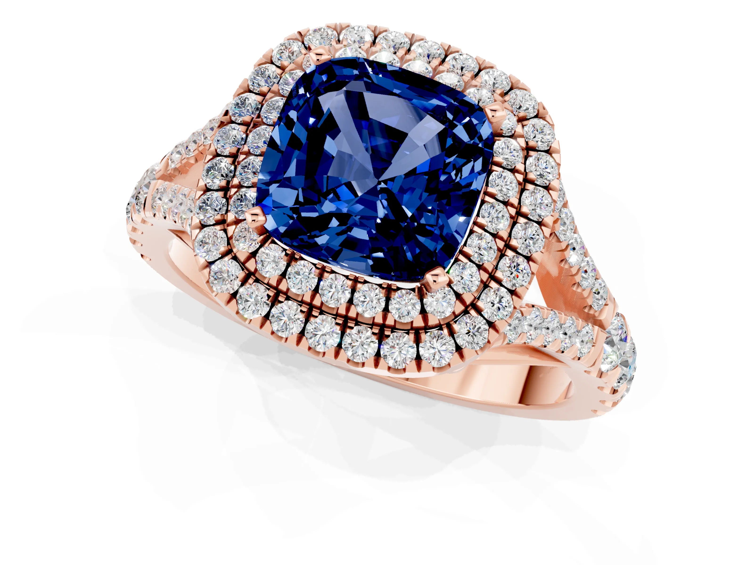 Rose gold Cushion Cut Blue Sapphire Pavé Split Shank Double Halo Engagement Ring_1