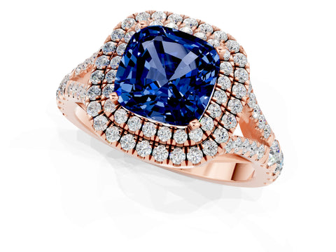 Rose gold Cushion Cut Blue Sapphire Pavé Split Shank Double Halo Engagement Ring_1