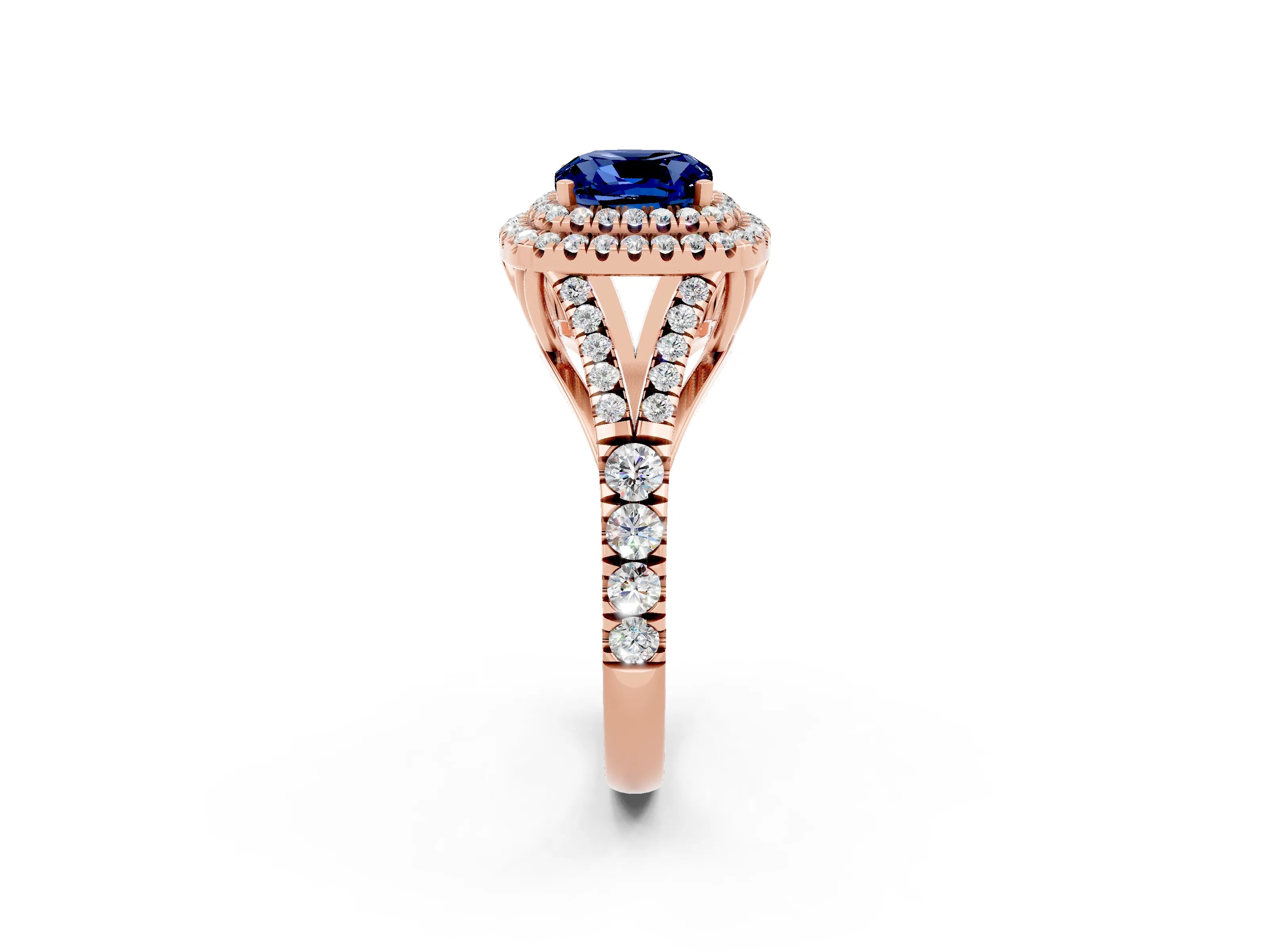 Rose gold Cushion Cut Blue Sapphire Pavé Split Shank Double Halo Engagement Ring_2