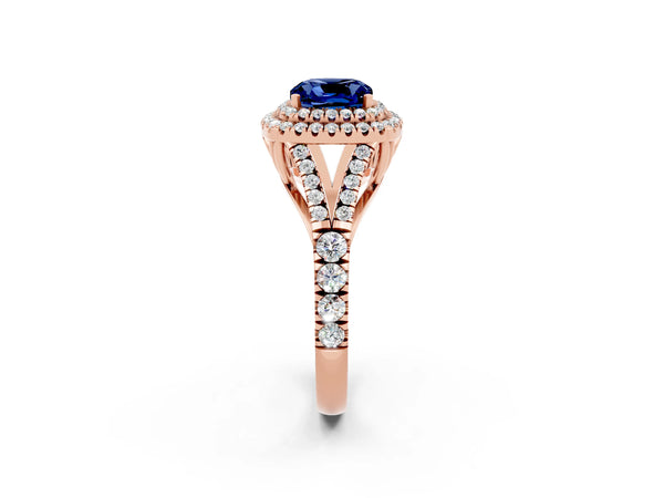 Rose gold Cushion Cut Blue Sapphire Pavé Split Shank Double Halo Engagement Ring