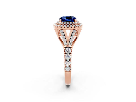 Rose gold Cushion Cut Blue Sapphire Pavé Split Shank Double Halo Engagement Ring_2