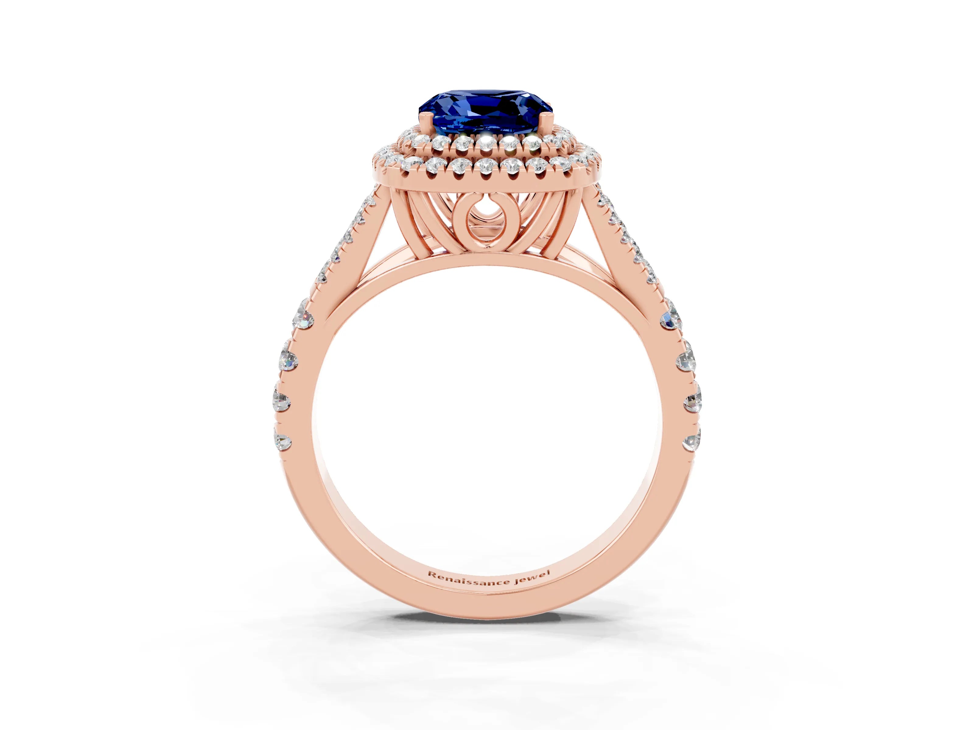 Rose gold Cushion Cut Blue Sapphire Pavé Split Shank Double Halo Engagement Ring_3