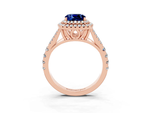 Rose gold Cushion Cut Blue Sapphire Pavé Split Shank Double Halo Engagement Ring