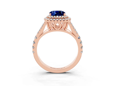 Rose gold Cushion Cut Blue Sapphire Pavé Split Shank Double Halo Engagement Ring_3