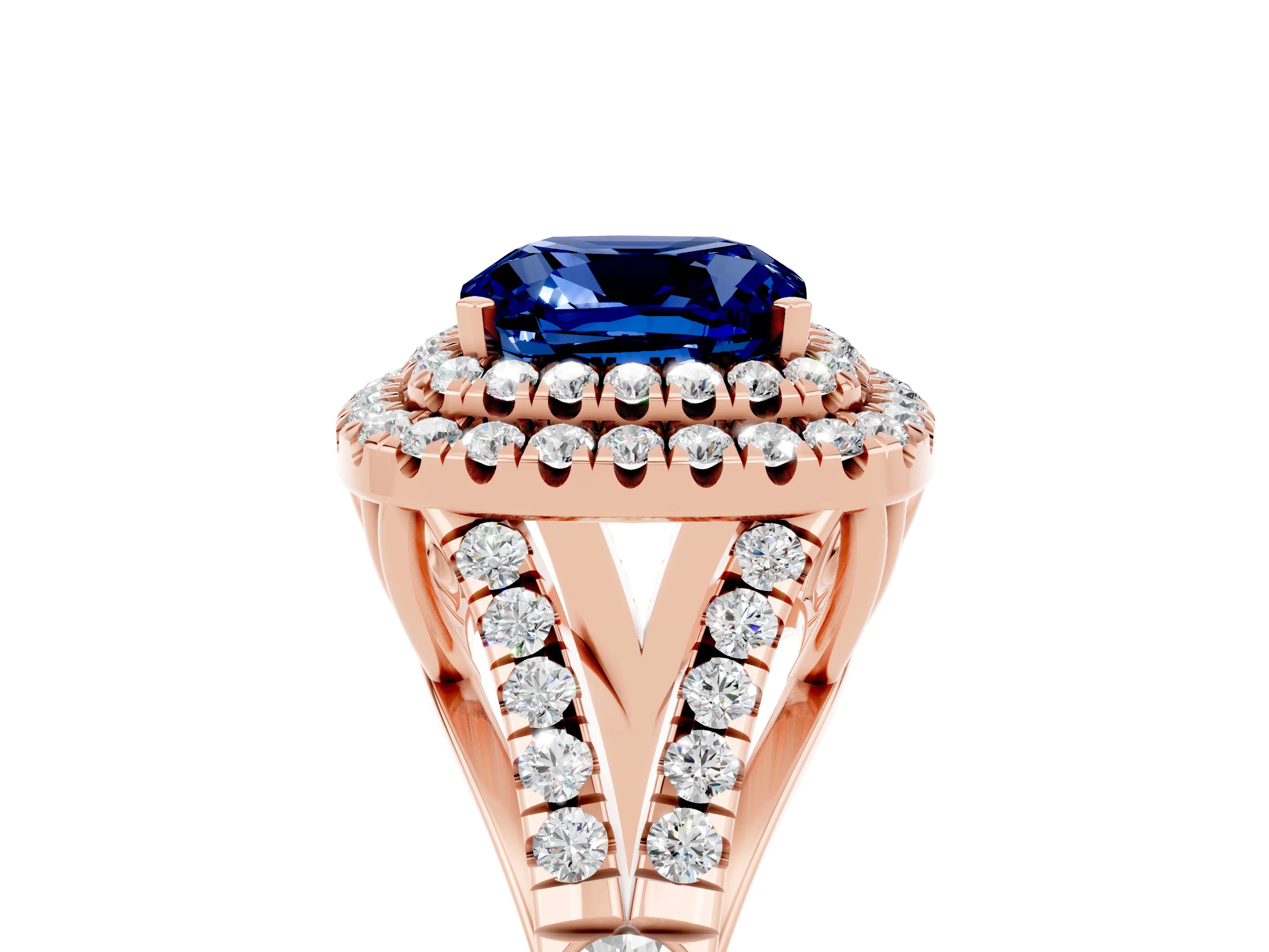 Rose gold Cushion Cut Blue Sapphire Pavé Split Shank Double Halo Engagement Ring_5