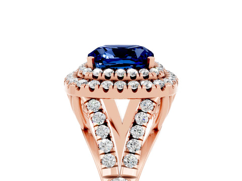 Rose gold Cushion Cut Blue Sapphire Pavé Split Shank Double Halo Engagement Ring_5