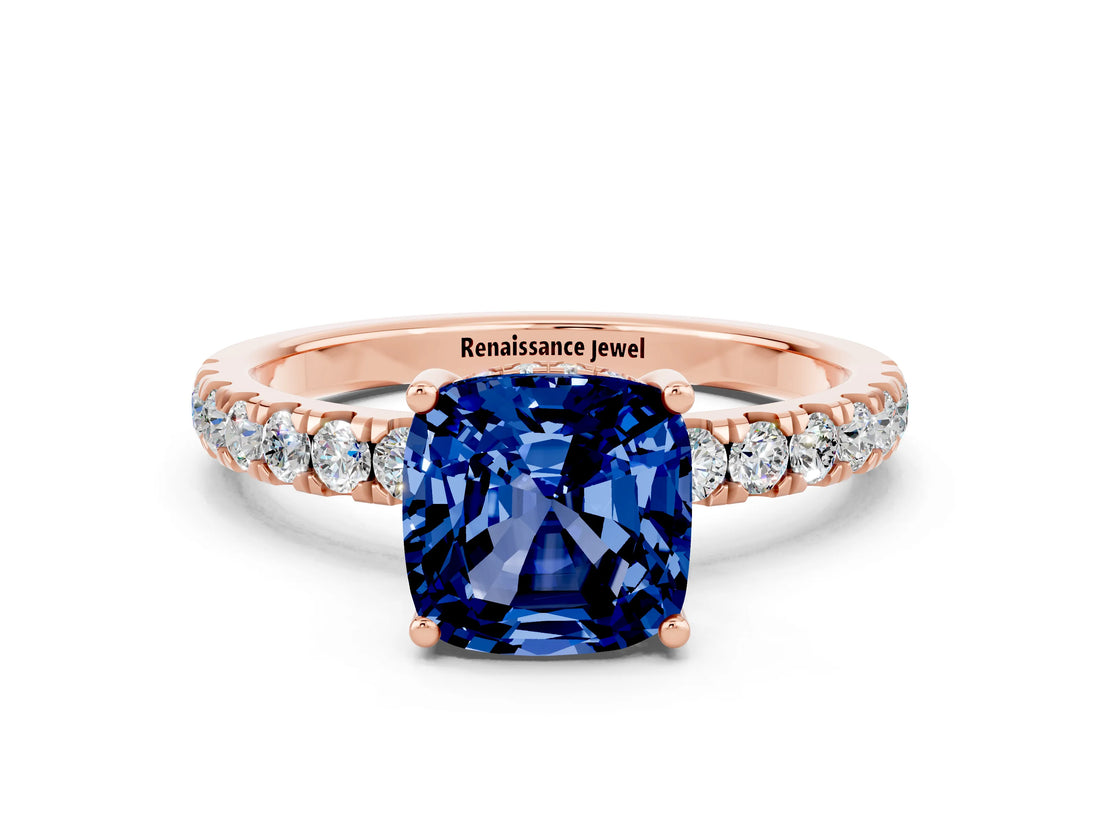Rose gold Cushion Cut Blue Sapphire Pave Band Solitaire Ring with Four-Prong Setting_24