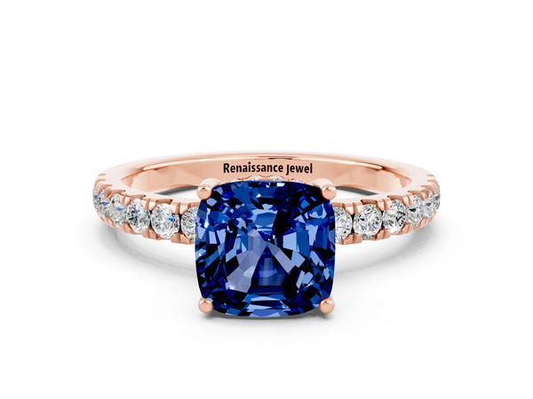 Rose gold Cushion Cut Blue Sapphire Pave Band Solitaire Ring with Round  and Prong Setting