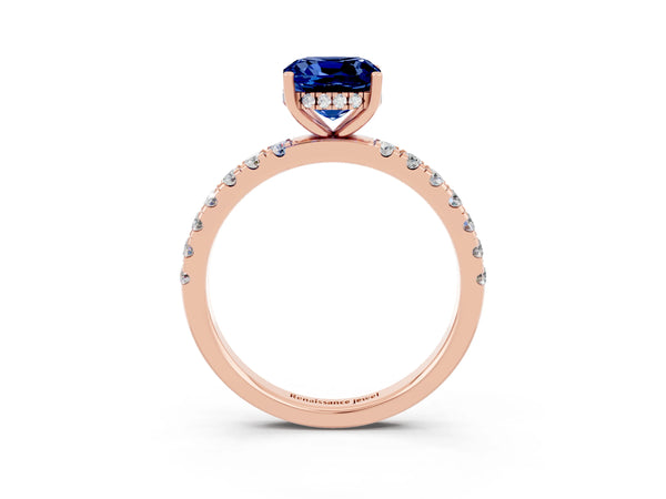 Rose gold Cushion Cut Blue Sapphire Pave Band Solitaire Ring with Round  and Prong Setting