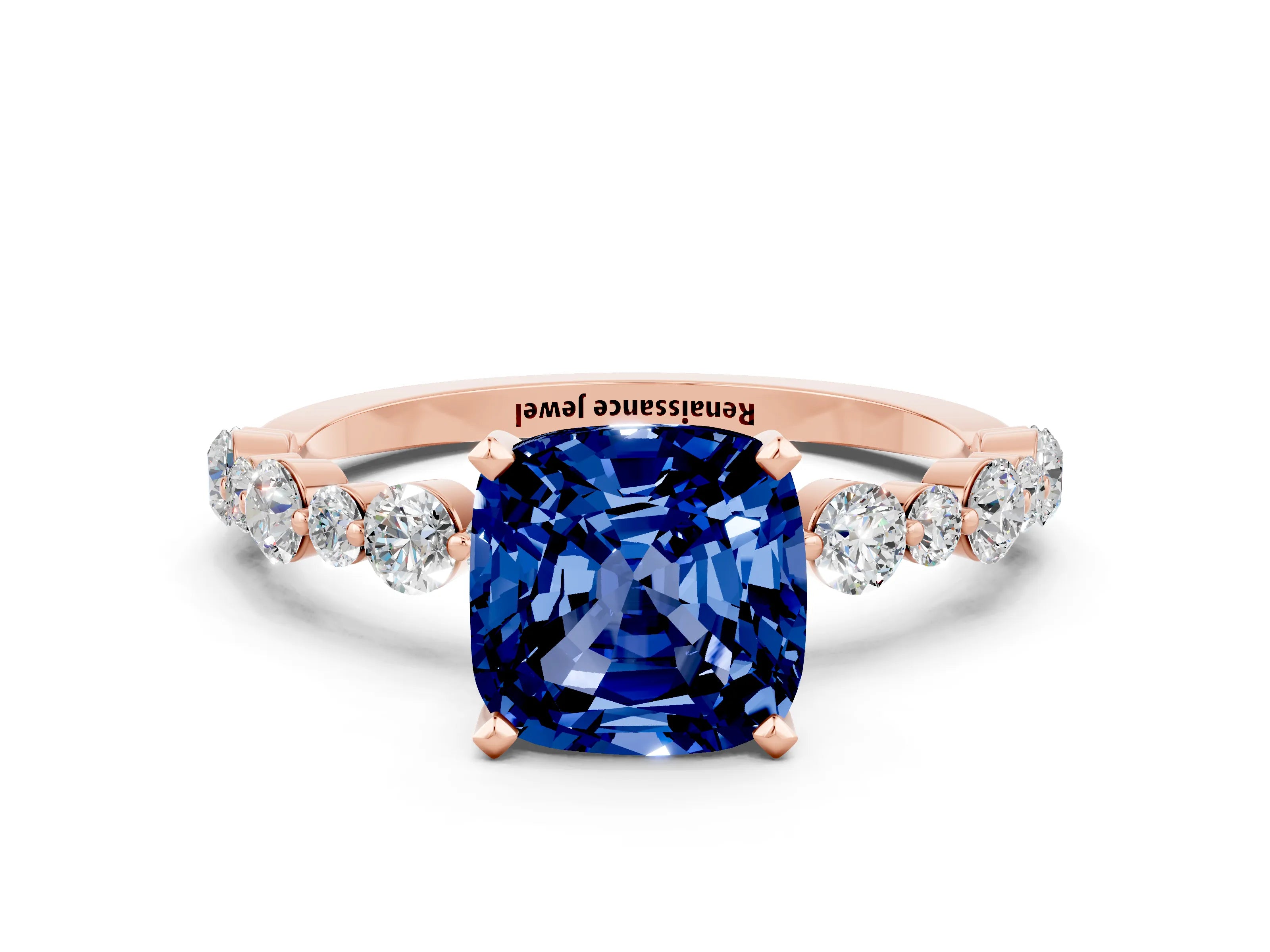Rose gold Cushion Cut Blue Sapphire Prong Set Engagement Ring with Pavé Band