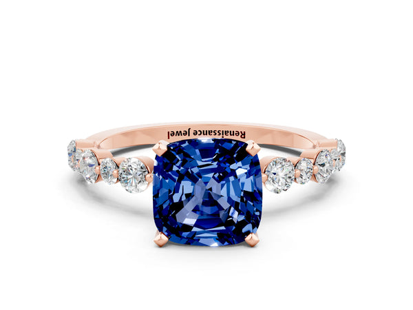 Rose gold Cushion Cut Blue Sapphire Prong Set Engagement Ring with Pavé Band