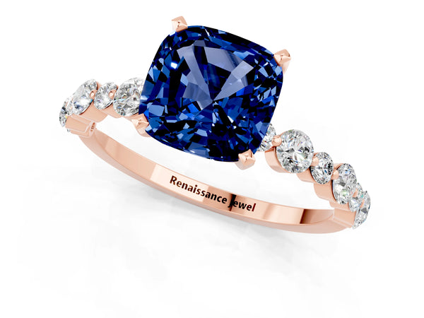 Rose gold Cushion Cut Blue Sapphire Prong Set Engagement Ring with Pavé Band