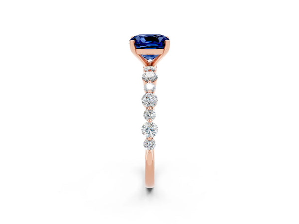 Rose gold Cushion Cut Blue Sapphire Prong Set Engagement Ring with Pavé Band
