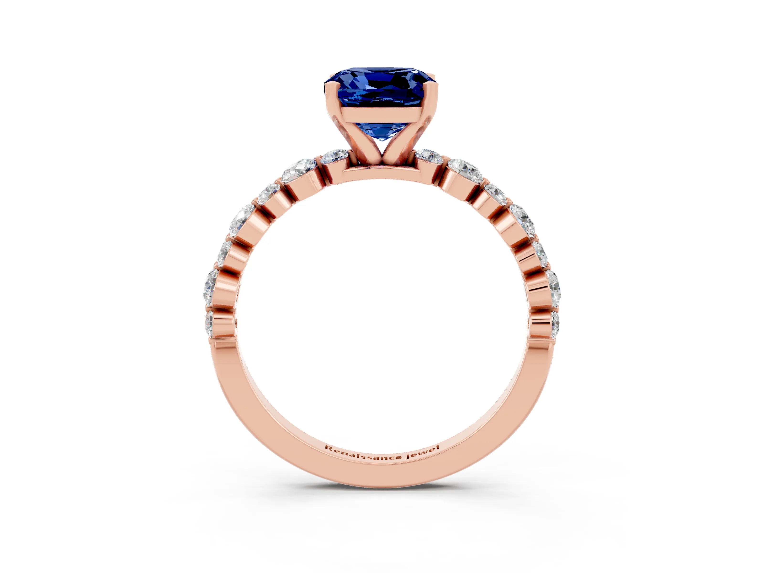 Rose gold Cushion Cut Blue Sapphire Prong Set Engagement Ring with Pavé Band_3