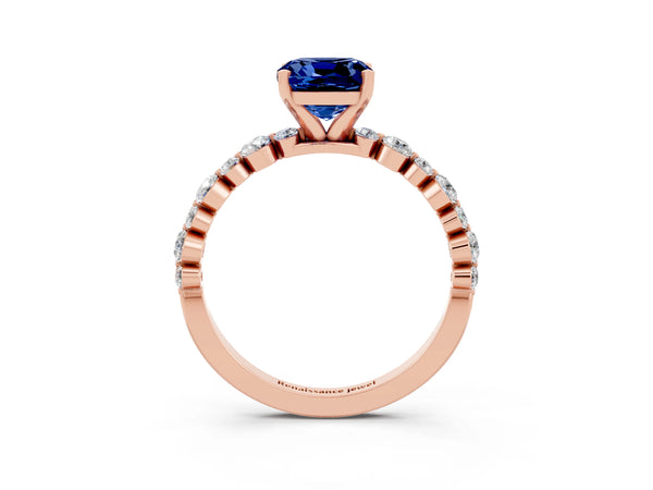 Rose gold Cushion Cut Blue Sapphire Prong Set Engagement Ring with Pavé Band